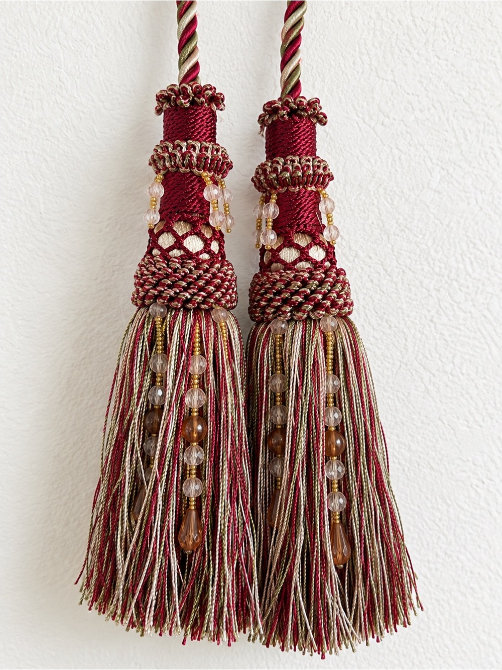 Vintage Beaded Curtain Tassel Tiebacks Burgundy Gold Green Pair